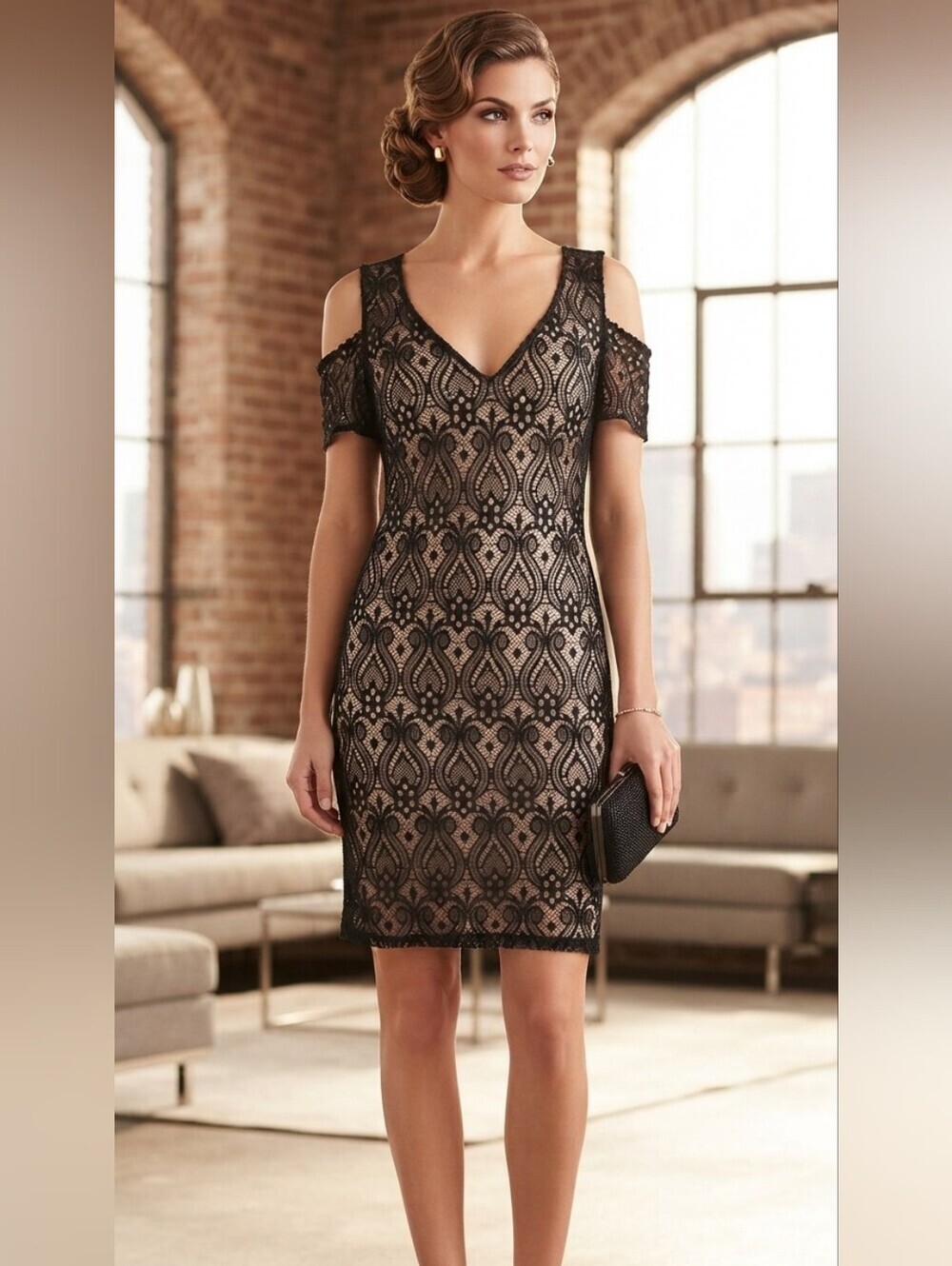 Ryan Michelle Black lace with nude under lay cold shoulder Dress size large